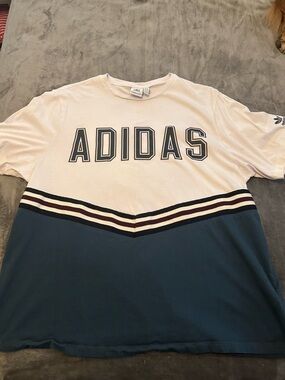Adidas White and Teal Chevron Logo Short Sleeve Tee